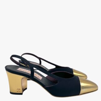 CHANEL - SLINGBACK TESSUTO NERO PUNTA ORO