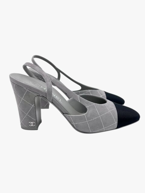 CHANEL – SCARPA CON TACCO SLINGBACK MATELASSÉ SILVER SCAMOSCIATA GRIGIA