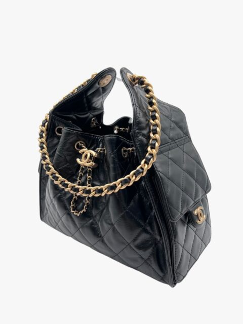 CHANEL – BORSA 25 PICCOLA AGNELLO NERO METALLO GOLD SATINATO