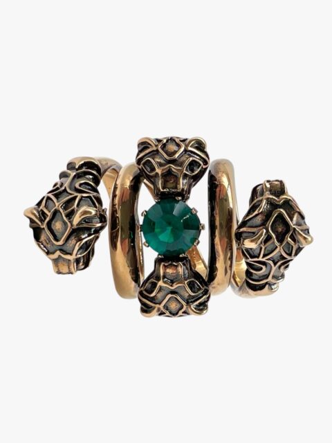 GUCCI – ANELLO DOPPIA SPIRALE CON TESTE PANTERE E PIETRA VERDE – GHW