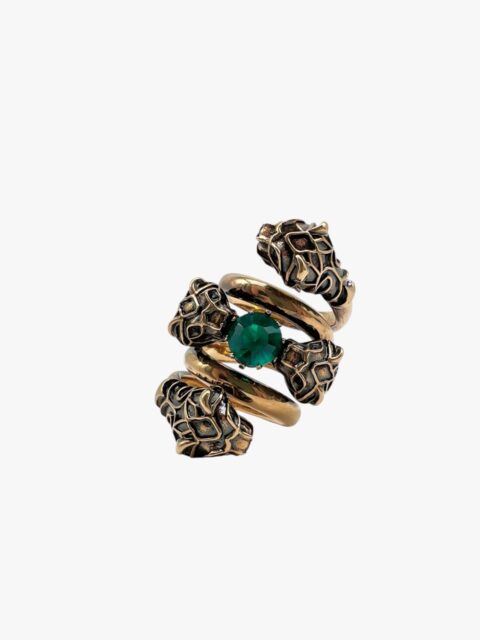 GUCCI – ANELLO DOPPIA SPIRALE CON TESTE PANTERE E PIETRA VERDE – GHW