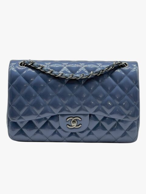 CHANEL – BORSA CLASSICA GRANDE PELLE AGNELLO VERNICIATO BLU COBALTO – RHW