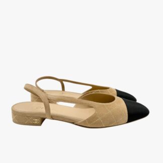 CHANEL - SCARPA SLINGBACK FLAT SUEDE BEIGE/GROS GRAIN NERO MIS. 37.5 - GHW