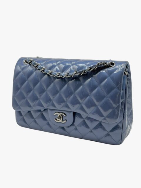 CHANEL – BORSA CLASSICA GRANDE PELLE AGNELLO VERNICIATO BLU COBALTO – RHW