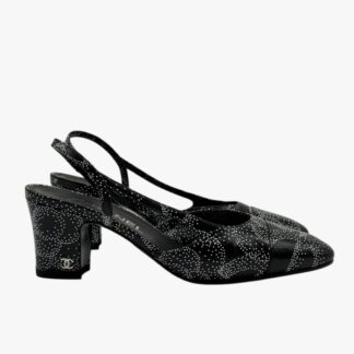 CHANEL - SCARPA SLINGBACK VITELLO NERO STAMPE CAMELIE PUNTINI BIANCHI MIS 37 - SHW