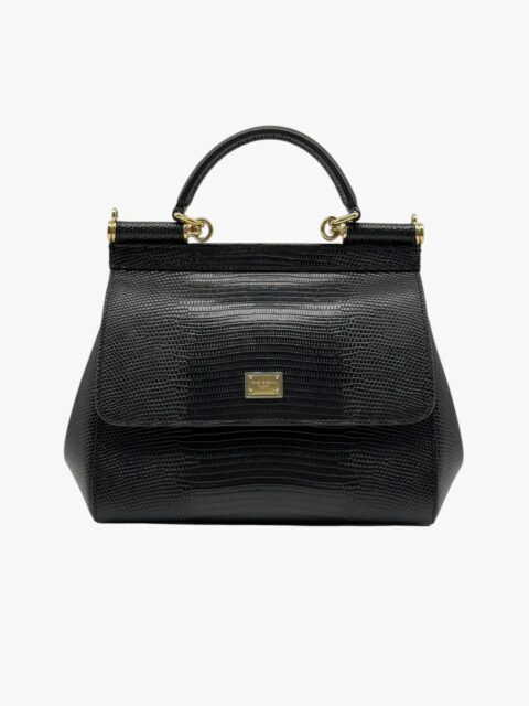 DOLCE & GABBANA – BORSA SICILY PELLE STAMPA IGUANA NERO LUCIDO – GHW