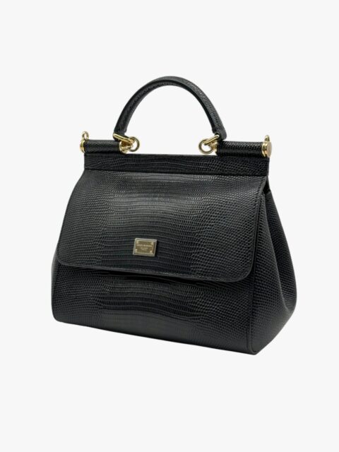 DOLCE & GABBANA – BORSA SICILY PELLE STAMPA IGUANA NERO LUCIDO – GHW