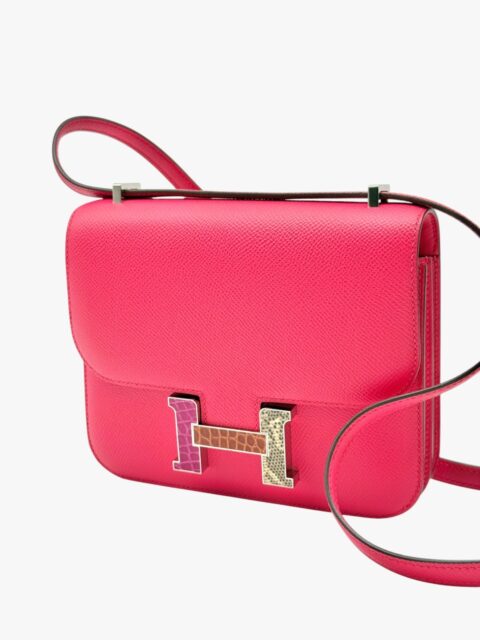 HERMÈS – BORSA CONSTANCE III MINI 18 EPSOM ROSE EXTREME H CROCO/LIZARD – PHW