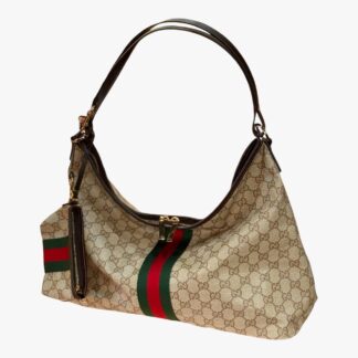 GUCCI - BORSA A SPALLA GRANDE TELA GG SABBIA CON DETTAGLIO WEB - GHW