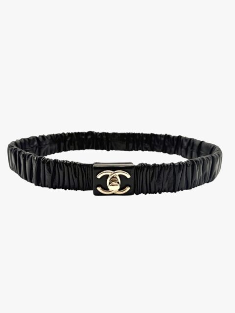 CHANEL – CINTURA IN PELLE D’AGNELLO ELASTICIZZATA NERA FIBBIA CC TORSIONE – LGHW