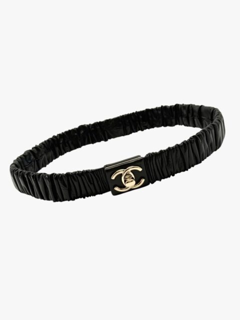 CHANEL – CINTURA IN PELLE D’AGNELLO ELASTICIZZATA NERA FIBBIA CC TORSIONE – LGHW